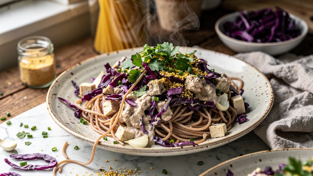 Creamy Red Cabbage Pasta with Tofu Sauce (Rotkohl Pasta)