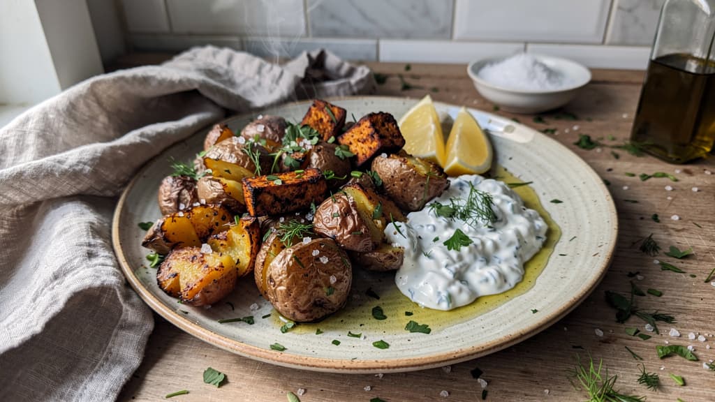 Crispy Smashed Potatoes with Döner-Spiced Tofu and Creamy Vegan Tzatziki