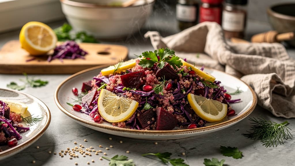 Crunchy Red Cabbage Quinoa Salad with Beets and Pomegranate
