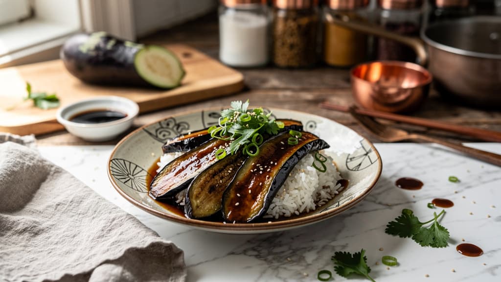 Japanese-Style Glazed Eggplant (Vegan Unagi) Over Rice