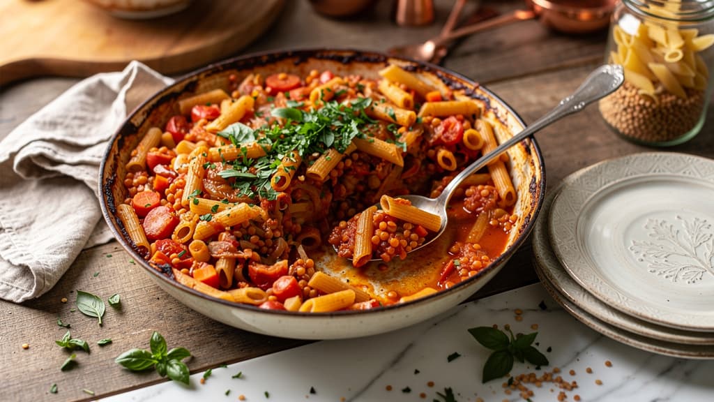 One-Pan Baked Pasta with Red Lentils and Vegetables (No Pre-Cooking!)